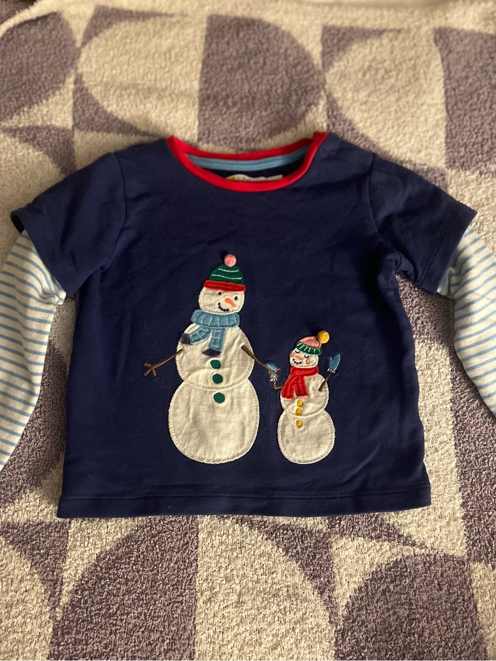 ⛄️ Baby Boden Navy Layered-Look Long Sleeve Top with Snowman Appliqué
